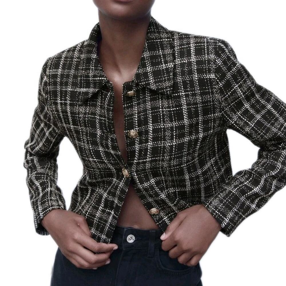 ZARA Tartan Tweed Plaid Gold Button Blazer Jacket BLOGGERS FAV Medium